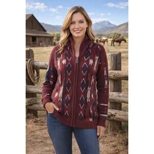 Rock&Roll Denim Cardigan Women S Maroon Southwestern Aztec Zip Pockets Collar